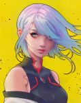  1girl bangs breasts cyberpunk_(series) cyberpunk_edgerunners grey_eyes grey_hair highres lucy_(cyberpunk) medium_breasts multicolored_hair parted_bangs portrait red_eyeliner red_lips sleeveless_turtleneck_leotard solo turtleneck_leotard yellow_background yiiande 