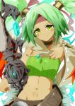 1girl abs absurdres arm_warmers armlet bare_shoulders breasts clenched_hand closed_mouth commentary_request cowboy_shot detached_sleeves duel_monster glowing gold_collar gradient_hair green_eyes green_hair green_tube_top grey_scarf grey_sleeves groin hair_ribbon headband highres jewelry long_hair looking_at_viewer medallion midriff multicolored_hair navel orange_hair parted_bangs pouch red_headband red_ribbon reeze_whirlwind_of_gusto ribbon ribbon-trimmed_sleeves ribbon_trim scarf sidelocks single_arm_warmer single_detached_sleeve small_breasts smile solo staff strapless tube_top twintails urasuka yu-gi-oh! 