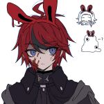  2boys :d ? ^_^ ahoge animal_ear_hairband animal_ears aotsuki_eito bishounen black_cape black_jacket black_streaks blood blood_on_face cape chibi chibi_inset chinese_commentary closed_eyes commentary_request expressionless eyeliner fake_animal_ears gesshoku3 glasses hairband hatching_(texture) head_only highres jacket last_defense_academy_school_uniform linear_hatching looking_at_viewer makeup male_focus mixed-language_commentary monster multicolored_hair multiple_boys official_alternate_eye_color partially_colored rabbit_ears red_eyeliner red_hair school_uniform semi-rimless_eyewear short_hair smile spoilers streaked_hair sumino_takumi teeth the_hundred_line_-last_defense_academy- two-tone_hair upper_teeth_only white_background 