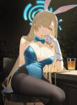  1girl absurdres animal_ear_hairband animal_ears asuna_(blue_archive) asuna_(bunny)_(blue_archive) asymmetrical_bangs bare_shoulders benpao_de_ruoji black_pantyhose blonde_hair blue_archive blue_bow blue_bowtie blue_eyes blue_halo blue_leotard bow bowtie breasts chinese_commentary cleavage commentary_request cup detached_collar elbow_on_table fake_animal_ears gloves grin hair_over_one_eye hairband halo hand_on_own_face head_rest highleg highleg_leotard highres large_breasts leotard long_hair looking_at_viewer official_alternate_costume pantyhose playboy_bunny rabbit_ear_hairband rabbit_ears sitting smile strapless strapless_leotard thighband_pantyhose traditional_bowtie white_gloves 