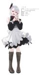  1girl :d absurdres apron black_dress black_nails boots bow brown_boots butterfly_hair_ornament character_profile clothing_cutout commentary_request dress frilled_apron frills full_body grey_hair hair_between_eyes hair_ornament highres knee_boots lace-up_boots long_hair long_sleeves looking_at_viewer multicolored_hair nail_polish original pantyhose puffy_long_sleeves puffy_sleeves red_eyes red_hair rerrere shoulder_cutout simple_background smile solo standing steepled_fingers streaked_hair teeth translation_request upper_teeth_only white_apron white_background white_bow white_pantyhose 