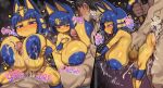  1boy 1girl absurdres animal_crossing animal_ears ankha_(animal_crossing) black_eyes blue_hair blue_nipples blunt_bangs breasts breasts_squeezed_together cat_ears cat_girl cat_tail colored_nipples colored_skin cum cum_on_body cum_on_breasts ebora ejaculation eyeliner furry furry_female hetero highres huge_breasts makeup multiple_views nipples paizuri penis sex sex_from_behind short_hair sound_effects striped_tail tail thighs uncensored villager_(animal_crossing) yellow_skin 