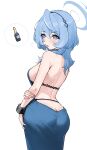  1girl absurdres ako_(blue_archive) ako_(dress)_(blue_archive) ass backless_dress backless_outfit blue_archive blue_dress blue_hair blue_halo blush breasts chinese_commentary commentary_request dress earrings evening_gown from_behind hair_between_eyes halo hand_on_own_arm highres jewelry large_breasts long_hair looking_at_viewer loushao official_alternate_costume sideboob sideless_dress simple_background single_handcuff sleeveless sleeveless_dress solo speech_bubble thought_bubble white_background 
