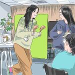  3girls black_hair brown_pants cake chair chicken_(food) chicken_leg christmas_sweater commentary_request dmohashi food fork holding holding_food holding_fork hood hood_down hoodie id_card indoors lanyard long_hair multiple_girls office open_mouth original pants ponytail sweater table white_mouth 