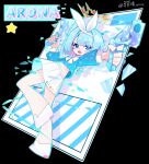  1girl :o arona_(blue_archive) artist_name bare_legs black_background blue_archive blue_eyes blue_hair blue_pupils bow bow_hairband braid character_name chinese_commentary commentary_request cropped_shirt dated dot_nose dual_wielding envelope eyes_visible_through_hair foreshortening full_body glass_shards gun hair_bow hair_over_one_eye hairband halo handgun highres holding holding_gun holding_weapon knee_up leg_up long_sleeves looking_to_the_side maomaoquing medium_hair midriff miniskirt multi-source_commentary open_mouth orange_halo panty_&amp;_stocking_with_garterbelt_(style) recruitment_(blue_archive) shirt_bow shoes short_braid simple_background single_braid skirt solo sparkle spiked_halo standing standing_on_one_leg star_(symbol) sway_back swept_bangs v-shaped_eyebrows weapon white_bow white_hairband white_shoes white_skirt 