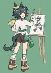 1girl animal_ears black_shorts boots brown_boots brown_hat canvas_(object) commentary_request ears_through_headwear easel from_behind fur-trimmed_boots fur_trim gloves green_background green_shirt hat highres holding holding_paintbrush horse_ears horse_girl horse_tail jacket kiseki_(umamusume) koshiba_taiyaki long_sleeves looking_at_viewer looking_back mini_hat paint_palette paintbrush painting_(action) self-portrait shirt shorts simple_background socks solo standing tail tail_through_clothes umamusume white_gloves white_jacket white_socks 