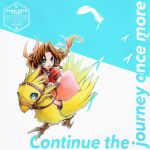  1girl aerith_gainsborough artist_name bird bird_footprints blue_eyes boots braid braided_ponytail breasts brown_boots brown_hair center_opening chibi chibi_only chocobo choker cleavage cropped_jacket dress falling_feathers feathers final_fantasy final_fantasy_vii green_eyes hair_ribbon highres holding holding_reins hori_wo jacket long_dress long_hair medium_breasts open_mouth parted_bangs pink_dress pink_ribbon puffy_short_sleeves puffy_sleeves red_jacket reins ribbon ribbon_choker riding riding_bird short_sleeves sidelocks silver_bangle single_braid smile twitter_username 