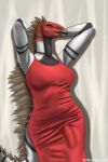  2:3 absurd_res anthro artist_name big_breasts big_bulge blue_eyes breasts bulge clothed clothed_anthro clothed_gynomorph clothing colored dinosaur dress front_view grey_body gynomorph hands_behind_head hi_res intersex looking_aside markings miragaia miranda_(mr.carno) mr.carno non-mammal_breasts ornithischian portrait pose prehistoric_species raised_arms red_body red_clothing red_dress reptile scalie shaded shadow solo spiked_tail spikes spikes_(anatomy) standing stegosaurian striped_markings stripes tail text three-quarter_portrait thyreophoran url watermark white_body yellow_sclera 