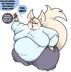  2022 aggressive_retsuko anthro belly big_belly big_breasts blush breasts breath canid canine clothed clothing digital_media_(artwork) english_text female fennec fenneko fox fur hi_res mammal obese obese_anthro obese_female overweight overweight_anthro overweight_female redphlannel sanrio simple_background solo sweater sweatpants text thick_thighs topwear wide_hips 
