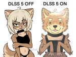 :3 anthro before_and_after canid canine canis clothing dlss5_(meme) dogfailureowo domestic_dog eyebrows female flat_chested hana_(dogfailureowo) hi_res mammal panties raised_eyebrow shirt simple_background smug solo tank_top tongue tongue_out topwear underwear white_background