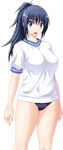  1girl :o aqua_eyes black_buruma blue_eyes blue_hair blush breasts buruma funamushi_(funa) game_asset gym_uniform kunugi_chiaki large_breasts large_variant_set long_hair looking_at_viewer non-web_source official_art open_mouth ponytail self-datamine shugo_seijo_prism_saber simple_background solo surprised sweatdrop tachi-e transparent_background variant_set wide-eyed 
