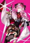  1boy armor astolfo_(fate) black_bow bow braid cape commentary crossdressing crossdressing_(mtf) fang fate/grand_order fate_(series) fur-trimmed_cape fur_trim hair_between_eyes hair_bow hair_intakes highres holding holding_sword holding_weapon long_hair looking_at_viewer male_focus multicolored_hair open_mouth pink_background pink_hair shirt simple_background single_braid skirt smile solo streaked_hair sword thighhighs trap weapon white_streaks yai_(s17) 