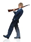  1boy arm_at_side baggy_pants blonde_hair blue_jacket blue_necktie blue_pants blue_shoes buttons calvin_gabriel carrying_over_shoulder collared_shirt commentary english_commentary fingernails from_side full_body grey_eyes gun hand_in_pocket hand_up highres holding holding_gun holding_weapon jacket jodioirl lapels layered_sleeves legs_apart lips long_sleeves looking_at_viewer male_focus necktie nostrils notched_lapels over_shoulder pants parted_lips realistic reflective_floor shirt shoes short_hair shotgun simple_background solo standing very_short_hair weapon weapon_over_shoulder white_background white_shirt zero_day_(movie) 