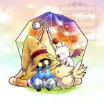  1boy artist_name belt belt_buckle bird black_mage_(final_fantasy) blue_coat brown_belt buckle chibi chibi_only chocobo coat creature crystal final_fantasy final_fantasy_ix full_body hat kh_524 male_focus moogle pants sitting striped_clothes striped_pants vivi_ornitier wizard_hat yellow_eyes yellow_hat 