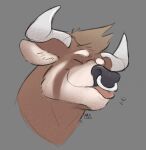  2020 2_horns anthro bovid bovine brown_body brown_hair cattle facial_piercing grey_background hair hi_res horn male mammal minedoo minedoo_(character) nose_piercing piercing simple_background solo tongue tongue_out white_body 