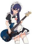  1girl absurdres apron black_dress blue_hair brown_eyes commentary_request cropped_legs dress electric_guitar garter_straps guitar heart highres holding holding_guitar holding_instrument idolmaster idolmaster_(classic) instrument kisaragi_chihaya korean_commentary long_hair maid maid_apron maid_headdress name_tag open_mouth panties puffy_short_sleeves puffy_sleeves short_sleeves simple_background soayo solo standing thighhighs underwear white_apron white_background white_panties white_thighhighs white_wrist_cuffs wrist_cuffs 