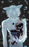  1boy 1girl adrien_agreste animal_ears black_background black_dress black_jacket blonde_hair blue_eyes blue_sclera bodysuit bubble cat_ears chat_blanc colored_sclera commentary dress dual_persona earrings eye_mask high_heels highres hug jacket jewelry marinette_dupain-cheng mask miraculous_ladybug seio_(nao_miragggcc45) tears tears_from_one_eye twintails white_bodysuit white_hair white_mask 
