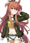  1girl absurdres animal_ears belt blush bomber_jacket bow breasts brown_ribbon career_inada closed_mouth commentary_request crop_top dog_tags ear_bow ear_ribbon green_belt green_jacket highres horse_ears horse_girl horse_tail jacket long_hair long_sleeves looking_at_viewer mayano_top_gun_(scramble_zone)_(umamusume) mayano_top_gun_(umamusume) midriff navel open_clothes open_jacket orange_hair orange_tail ribbon shirt shorts simple_background small_breasts smile solo tail two_side_up umamusume white_background white_shorts yellow_shirt 