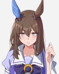  1girl absurdres admire_vega_(umamusume) animal_ears bow bowtie brown_hair commentary_request danboru_(jdanboru1182) ear_covers ear_ornament hair_between_eyes hair_down highres horse_ears horse_girl horseshoe_ornament long_hair looking_at_viewer puffy_short_sleeves puffy_sleeves purple_bow purple_bowtie red_eyes sailor_collar sailor_shirt school_uniform shirt short_sleeves simple_background single_ear_cover solo tracen_school_uniform umamusume upper_body white_background white_sailor_collar 