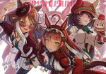  3girls ahoge animal_ears black_shorts black_thighhighs blunt_bangs blunt_ends blunt_sidelocks blush bow bracelet breasts brown_hair brown_headdress cape chain_necktie character_name chinese_zodiac choker commentary_request dress ear_covers ears_through_headwear fang fedora forever_young_(racing)_(umamusume) forever_young_(umamusume) frilled_hairband frills funaya_sakichi garter_straps green_bow green_eyes hair_between_eyes hairband hand_puppet hat highres horse_ears horse_girl horse_tail jacket jewelry layered_hair long_hair long_sleeves looking_at_viewer marche_lorraine_(racing)_(umamusume) marche_lorraine_(umamusume) medium_breasts mismatched_ear_covers multicolored_hair multiple_girls multiple_rings necktie open_mouth puppet purple-tinted_eyewear purple_eyes red-tinted_eyewear red_cape red_desire_(racing)_(umamusume) red_desire_(umamusume) red_dress red_garter_straps red_hair red_hairband red_headdress red_jacket red_streaks red_veil ring shirt short_hair shorts shorts_under_skirt sidelocks skirt small_breasts smile star_ornament streaked_hair sunglasses tail thighhighs tinted_eyewear umamusume veil white_jacket white_necktie white_skirt white_streaks yellow_eyes zoom_layer 