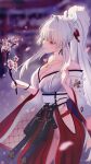  1girl absurdres blurry blurry_background branch breasts closed_mouth clothing_cutout commentary english_commentary hakama hakama_skirt highres hip_vent hiyuki_(wuthering_waves) holding holding_branch illumix0708 japanese_clothes jewelry kimono large_breasts long_hair mole mole_under_eye multiple_torii necklace off_shoulder ponytail red_eyes red_hakama skirt smile snowing solo torii white_hair white_kimono wuthering_waves 