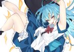  1girl absurdres armpits black_hat blue_hair bow bowtie breasts collared_shirt commentary frilled_skirt frills fruit_hat_ornament hat hat_ornament highres hinanawi_tenshi leaf_hat_ornament long_hair looking_at_viewer medium_breasts open_mouth peach_hat_ornament puffy_short_sleeves puffy_sleeves red_bow red_bowtie red_eyes shirt short_sleeves simple_background skirt smile socks solo touhou unanooo_(fthx7532) very_long_hair white_background white_shirt white_socks 
