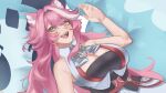  1girl :d absurdres animal_ears ascot bare_arms black_corset breasts chattino_(raora_panthera) cleaver collared_vest commentary corset english_commentary fangs highres hololive hololive_english large_breasts long_hair lying multicolored_hair on_back open_mouth panther_ears panther_girl pink_hair qjinator raora_panthera raora_panthera_(1st_costume) sidelocks single_hair_streak smile solo streaked_hair teeth upper_teeth_only very_long_hair vest virtual_youtuber white_ascot white_streaks white_vest yellow_eyes 