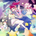  2girls antennae aqua_eyes aqua_hair commentary creature cropped_jacket dress fairy fuwa_(precure) hagoromo_lala hoshina_hikaru long_hair medium_hair multiple_girls off-shoulder_shirt off_shoulder overalls pink_eyes pink_hair pink_shirt precure prunce_(precure) shirt sky smile star_(sky) star_(symbol) star_twinkle_precure starry_sky three-quarter_sleeves twintails w00p white_dress 
