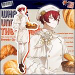  1boy apron award_ribbon baguette barcode basket beret bread bright_pupils brown_shoes buttons call_of_cthulhu capelet character_name chef colored_eyelashes copyright_name croissant crossed_bangs different_zoom_layer double-breasted english_text food food-themed_background frills full_body grey_background grid_background hair_between_eyes hat hat_ornament highres holding holding_basket jacket long_sleeves looking_ahead looking_at_viewer male_focus neckerchief open_hand original outline pants parted_lips pretzel puffy_long_sleeves puffy_sleeves qr_code red_hair shoes short_hair sideways_glance solo standing symbol-shaped_pupils text_background waist_apron what's_under_the_dough white_apron white_capelet white_hat white_jacket white_neckerchief white_outline white_pants white_pupils x-shaped_pupils yellow_eyes yumyum_tuna zoom_layer 