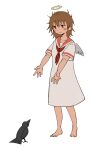  1girl angel angel_wings barefoot bird blush brown_hair commentary crow dot_nose dress feathered_wings full_body grey_wings haibane_renmei hakyanshi halo handkerchief highres looking_at_animal medium_hair messy_hair missing_eye no_sclera orange_sailor_collar outstretched_arms raised_eyebrows rakka_(haibane_renmei) romaji_commentary sailor_collar sailor_dress short_sleeves simple_background single_eyebrow smile solo static_cling traditional_halo white_background white_dress wings 