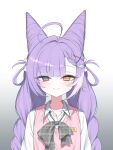  1girl ahoge aoumi_art blue_eyes bow bowtie braid closed_mouth collarbone collared_shirt commentary_request cone_hair_bun double_bun fang gradient_background grey_background grey_bow grey_bowtie hair_bun hair_ornament hair_ribbon hair_rings heterochromia highres korean_commentary low_twin_braids pink_sweater_vest plaid_bow plaid_bowtie plaid_clothes purple_hair ribbon shirt simple_background solo stellive sweater_vest tenko_shibuki twin_braids upper_body virtual_youtuber white_background white_ribbon white_shirt x_hair_ornament yellow_eyes 
