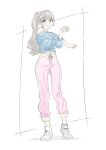  1girl arm_across_chest blue_shirt brown_hair closed_mouth fujishima_megumi fujishima_megumi_(post-graduation_training_wear) full_body grey_shoes hair_intakes highres long_hair looking_at_viewer love_live! love_live!_hasu_no_sora_jogakuin_school_idol_club midriff outstretched_arm pants pink_pants ponytail shirt shoes simple_background single_off_shoulder smile sneakers solo standing stretching tied_shirt toono2145 virtual_youtuber white_background 