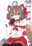  1girl absurdres ahoge animal_ear_fluff animal_ears beret black_choker black_gloves black_pantyhose blurry blurry_background bow breasts brown_hair choker closed_mouth collarbone commentary gloves hair_ornament hat highres indie_virtual_youtuber long_sleeves looking_at_viewer midriff miniskirt mocha-tan_(character) multicolored_hair navel off_shoulder pantyhose pleated_skirt red_bow red_eyes red_skirt sailor_collar school_uniform serafuku shirt short_hair sitting skirt smile smug solo streaked_hair tail thick_eyebrows valefal_coneri virtual_youtuber white_hair white_shirt 