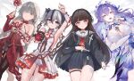  1010_(wuthering1010) 4girls absurdres arm_under_breasts artist_collaboration bandage_over_one_eye bandaged_arm bandages bare_shoulders black_flower black_hair black_jacket black_shirt black_skirt blake_bloom_(wuthering_waves) blue_eyes blue_flower blue_hair breasts camellya_(wuthering_waves) cantarella_(wuthering_waves) chisa_(wuthering_waves) closed_mouth colored_inner_hair commentary_request dress earrings flower gold_earrings grey_eyes hair_flower hair_ornament hair_ribbon hair_vines halter_dress halterneck headdress highres holding holding_flower jacket jewelry kado_51 large_breasts long_hair long_sleeves looking_at_viewer lying multi-source_commentary multicolored_hair multiple_girls nasuka_(ww_dynas) neckerchief on_back open_mouth pantyhose phrolova_(wuthering_waves) purple_hair red_dress red_eyes red_neckerchief red_ribbon ribbon sailor_collar shirt short_hair single_leg_pantyhose skirt small_breasts smile spider_lily tacet_mark_(wuthering_waves) tsu_zd white_dress white_pantyhose white_sailor_collar wuthering_waves 