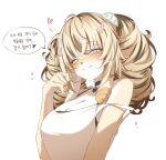  1girl animal_nose astra_chichi black_hair blonde_hair blue_eyes blush breasts choker cleavage closed_mouth commentary_request drill_hair fang furry furry_female hair_ornament heart heart_choker highres korean_text looking_at_viewer multicolored_hair original shirt simple_background single_off_shoulder skin_fang smile solo speech_bubble sticker sticker_on_face streaked_hair tank_top translation_request twin_drills two-tone_fur two-tone_hair upper_body white_background white_fur white_shirt x_hair_ornament yellow_fur 