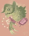 ambiguous_gender beverage_bottle bottle bottle_cap bust_portrait clawed_hands container deathclaw enclave_(fallout) english_description english_text fallout feral green_body green_scales han_(artist) hi_res horn iv_bag medicine microsoft nuka-cola portrait scales scalie sharp_teeth side_view simple_background soda_bottle solo teeth text