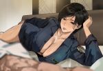  1boy 1girl abs absurdres ada_wong bed_sheet black_hair blanket blue_shirt blurry blurry_foreground breasts brown_eyes cleavage collared_shirt commentary english_commentary hand_on_own_head highres large_breasts looking_at_viewer lying no_pants on_bed on_side out_of_frame park_ongjol parted_bangs parted_lips partially_unbuttoned police police_badge police_uniform resident_evil shirt short_hair sleeves_rolled_up solo_focus 