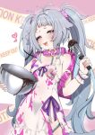  1girl absurdres antenna_hair apron backpack bag bandaid bandaids_on_nipples bare_shoulders blue_hair blush bowl breasts chocolate chocolate_making chocolate_on_body chocolate_on_breasts collar cowboy_shot dress food_on_body grey_hair hair_ornament hair_scrunchie half-closed_eyes heart highres holding holding_bowl indie_virtual_youtuber long_hair looking_at_viewer menace_mamaki mesugaki multicolored_hair naked_apron open_mouth pasties pink_collar purple_eyes randoseru scrunchie short_eyebrows small_breasts smile solo streaked_hair twintails valefal_coneri valentine very_long_hair whisk white_dress 