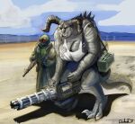  2022 anthro anthrofied bethesda_softworks big_breasts bottomwear breasts claws cleavage clothed clothing deathclaw digital_media_(artwork) doctordj duo fallout female gatling_gun gun hi_res horn human larger_female machine_gun male mammal minigun monster ranged_weapon rifle shirt shorts size_difference smaller_female tank_top the_courier_(fallout) topwear video_games weapon 