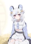  1girl absurdres animal_ears bell belt blue_hair blue_jacket blue_neckerchief bow choker closed_mouth clothing_cutout crop_top hair_ornament hairclip heart heart_cutout heart_hair_ornament highres indie_virtual_youtuber jacket long_sleeves looking_at_viewer midriff mouse_ears multicolored_hair navel neckerchief nemimi_yane off_shoulder open_clothes open_jacket pink_eyes pleated_skirt red_eyes sailor_collar shirt shoes short_hair sitting skirt smile solo streaked_hair thighhighs two_side_up valefal_coneri virtual_youtuber wariza white_background white_choker white_hair white_sailor_collar white_shirt white_skirt white_thighhighs 