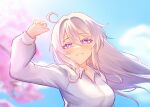  1girl ahoge blue_eyes blurry blurry_background breasts cherry_blossoms commentary diamond-shaped_pupils diamond_(shape) highres honkai_(series) honkai_impact_3rd kiana_kaslana kiana_kaslana_(herrscher_of_finality) large_breasts long_hair looking_at_viewer shirt smile solo symbol-shaped_pupils upper_body white_hair white_shirt yue_kanade 