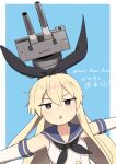  1girl absurdres black_bow black_eyes black_neckerchief blonde_hair blue_background blue_sailor_collar blush border bow collarbone commentary_request crossed_bangs double-parted_bangs elbow_gloves gloves hair_bow haruno_plum highres kantai_collection long_hair neckerchief open_mouth outside_border outstretched_arms rensouhou-chan sailor_collar shimakaze_(kancolle) shirt sidelocks simple_background sleeveless sleeveless_shirt solo translation_request triangle_mouth twitter_username upper_body white_border white_gloves white_shirt 