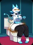 5_fingers anthro black_bottomwear black_clothing black_pants blue_body blue_buttons blue_ears blue_fingers bottomwear bottomwear_down butt cheek_spots clothed clothing cord_tail darkner deltarune diarrhea empty_eyes english_text explosive_diarrhea fart fart_cloud feces feces_blowout feces_in_toilet felid feline female fingers floating_hands footwear glistening glistening_body hi_res machine mammal metal_clothing metallic_body multicolored_body pants pants_down partially_clothed pooping_in_toilet robot shoes sillynamie smelly solo tasque_manager text toilet toilet_bowl toilet_lid toilet_seat toilet_use two_tone_body undertale_(series) white_body