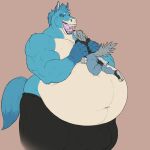  1:1 anthro belly big_belly blue_body blue_fur bulge canid canine duo equid equine fur grey_body grey_fur hi_res horse imminent_vore male male/male mammal muscular muscular_male open_mouth size_difference tongue 