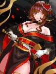  1girl animal_ears bare_shoulders black_kimono blush braid braided_hair_rings breasts brown_hair chococonisky cleavage closed_mouth collar collarbone commentary drawing_sword ear_covers ear_ornament english_commentary frilled_collar frills gentildonna_(umamusume) gloves hair_between_eyes hair_ornament hair_rings heart-shaped_ornament heart_ear_ornament highres holding holding_sword holding_weapon horse_ears horse_girl horse_tail japanese_clothes katana kimono large_breasts long_hair long_sleeves looking_at_viewer pelvic_curtain red_eyes sash solo sword tail thighhighs umamusume weapon white_gloves 