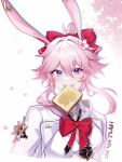  1girl animal_ears bow bowtie bread bread_slice breasts cleavage commentary evanescia_(honkai:_star_rail) flower food food_in_mouth fox_ears fox_girl hair_flower hair_ornament hamu_(rz_1023) highres honkai:_star_rail honkai_(series) jacket looking_at_viewer medium_breasts mouth_hold pink_hair purple_eyes red_bow red_bowtie shirt solo toast toast_in_mouth twitter_username upper_body white_jacket white_shirt 