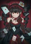  1girl absurdres ace_(playing_card) ace_of_clubs ace_of_diamonds ace_of_spades black_dress black_nails breasts card celestia_ludenberg cleavage club_(shape) commentary danganronpa:_trigger_happy_havoc danganronpa_(series) detached_sleeves diamond_(shape) dress drill_hair gothic_lolita highres large_breasts lolita_fashion long_hair playing_card quu_(qu_u94) red_eyes red_headdress solo spade_(shape) twin_drills twintails very_long_hair 