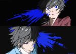  1boy alternate_costume aqua_kimono black_background blue_eyes commentary_request hair_between_eyes japanese_clothes kimetsu_no_yaiba kimono long_hair looking_at_viewer low_ponytail male_focus multiple_views parted_lips ponytail red_kimono shirt short_hair spiked_hair su910noko teeth tomioka_giyuu twitter_username upper_teeth_only white_shirt 