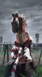  1girl absurdres animal_ears bare_shoulders black_hair chanchanko_(clothes) cloud cloudy_sky commentary_request detached_sleeves dirty dirty_face highres horse_ears horse_girl horse_tail kitasan_black_(gilded_shrine_to_glory)_(umamusume) kitasan_black_(umamusume) kouhaku_nawa looking_up multicolored_hair open_mouth outdoors rain rope shimenawa shippo_(pixiv_18567314) short_hair sky solo streaked_hair tail umamusume white_streaks 