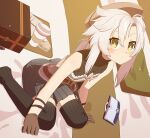  1girl bare_shoulders belt black_skirt black_thighhighs bob_cut breasts briefcase brown_gloves cup curtained_hair disposable_cup double-parted_bangs eiyuu_densetsu english_commentary feather_necklace fie_claussell food gloves green_eyes hair_between_eyes jewelry leather_wrist_straps long_hair low-tied_long_hair necklace red_belt ribbed_thighhighs sandwich sen_no_kiseki_(series) sen_no_kiseki_ii siting sitting skirt sleeveless small_breasts solo thighhighs tray wariza white_hair wrist_strap zephyrrr_25 